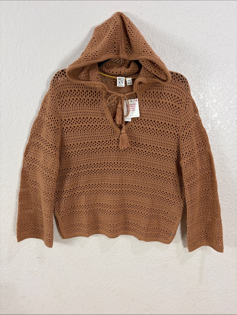 Roxy Women's ,Hippie Love,Size L,Hooded Crochet Pullover Sweater - Brown,
